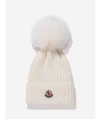 Moncler Enfant Girls Wool Beanie Hat With Pom Pom in White pour bénéficier 