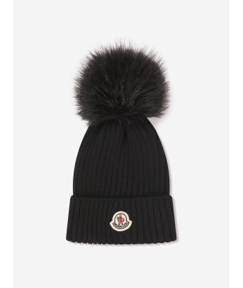 Moncler Enfant Girls Logo Pom Pom Hat in Black de l' environnement