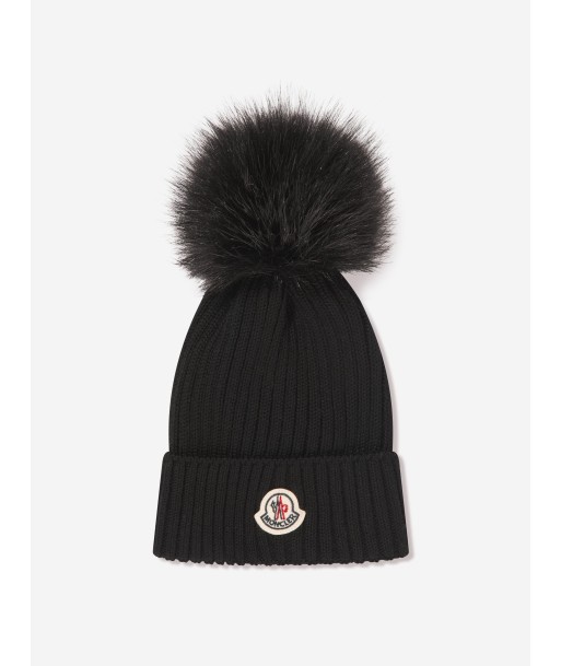 Moncler Enfant Girls Logo Pom Pom Hat in Black de l' environnement