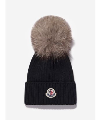 Moncler Enfant Girls Wool Pom Pom Hat in Black de pas cher