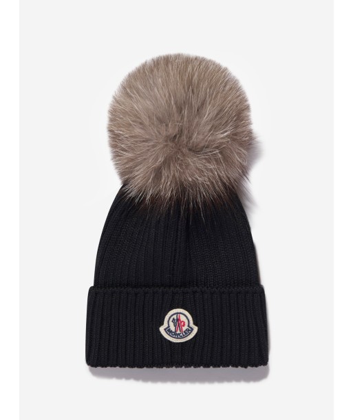 Moncler Enfant Girls Wool Pom Pom Hat in Black de pas cher