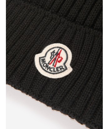 Moncler Enfant Girls Logo Pom Pom Hat in Black de l' environnement