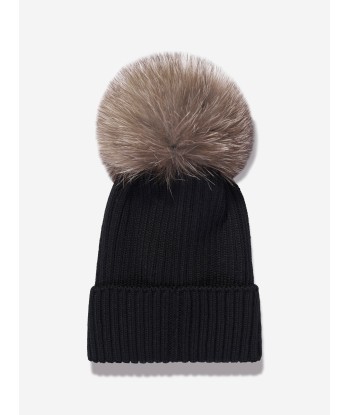 Moncler Enfant Girls Wool Pom Pom Hat in Black de pas cher