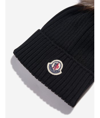 Moncler Enfant Girls Wool Pom Pom Hat in Black de pas cher