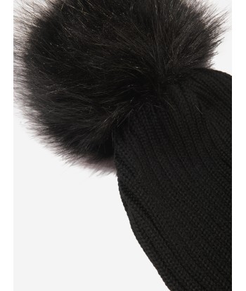 Moncler Enfant Girls Logo Pom Pom Hat in Black de l' environnement