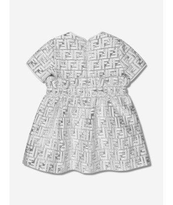 Fendi Girls Metallic Logo Brocade Dress in Silver Vous souhaitez 