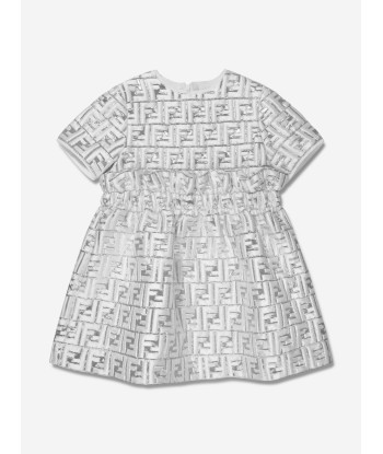 Fendi Girls Metallic Logo Brocade Dress in Silver Vous souhaitez 