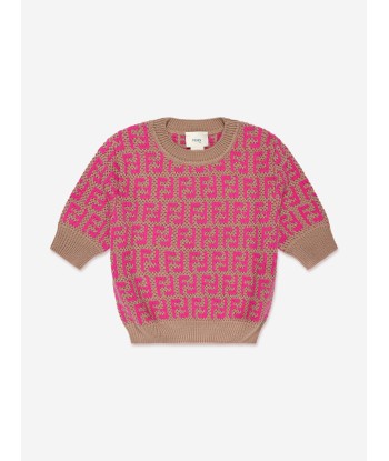 Fendi Girls Knitted Logo Top in Pink en ligne