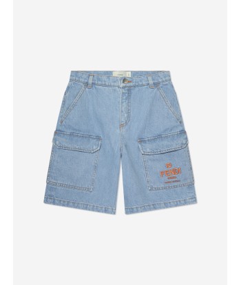 Fendi Boys Big Pocket Logo Denim Shorts in Blue offre 