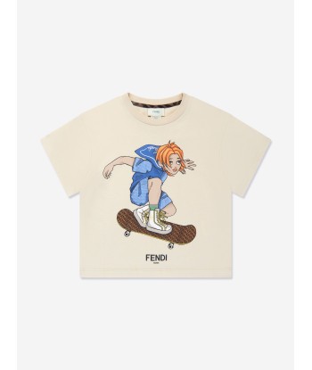 Fendi Boys Graphic Print T-Shirt in Beige solde