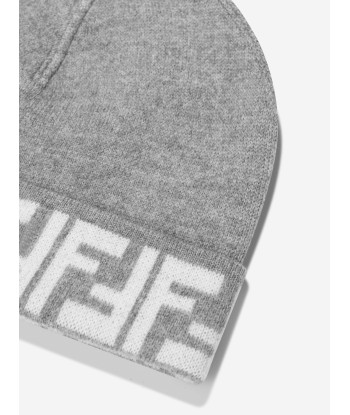 Fendi Kids FF Logo Reversible Beanie in Grey la chaussure