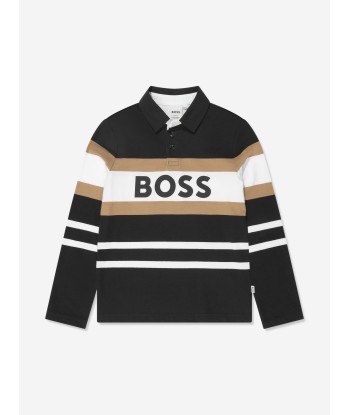 BOSS Boys Long Sleeve Striped Polo Shirt in Black les ctes