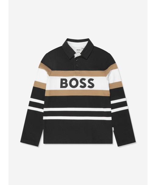 BOSS Boys Long Sleeve Striped Polo Shirt in Black les ctes