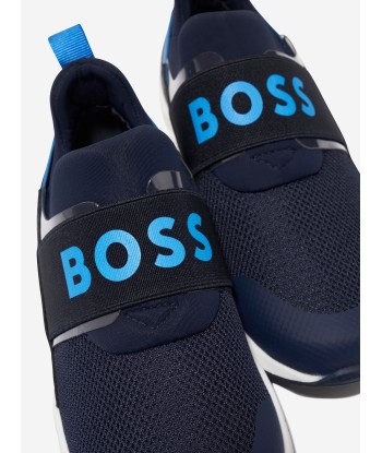 BOSS Boys Slip on Logo Trainers in Navy Venez acheter