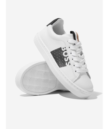 BOSS Boys Leather Monogram Trainers in White Livraison rapide