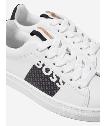 BOSS Boys Leather Monogram Trainers in White Livraison rapide