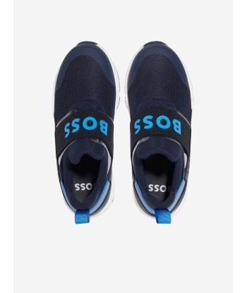 BOSS Boys Slip on Logo Trainers in Navy Venez acheter