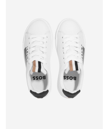 BOSS Boys Leather Monogram Trainers in White Livraison rapide