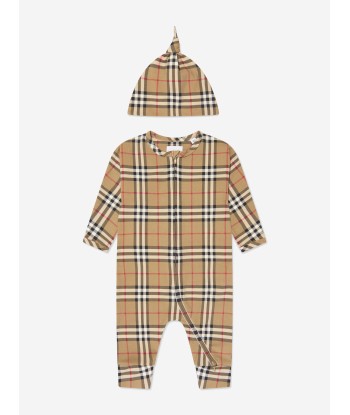 Burberry Baby Claude Romper Set in Archive Beige Check pas cher 