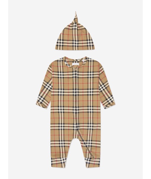 Burberry Baby Claude Romper Set in Archive Beige Check pas cher 