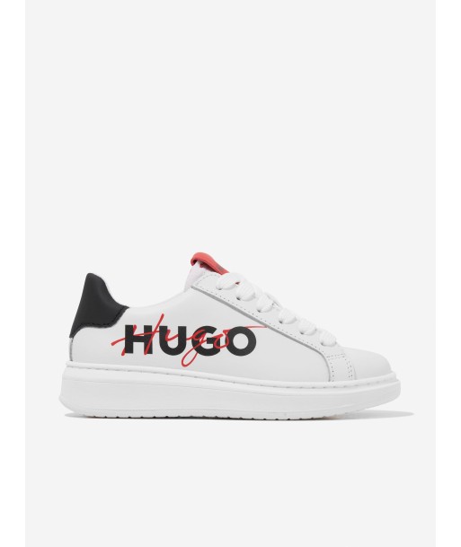 Hugo Boys Leather Logo Trainers in White brillant des détails fins