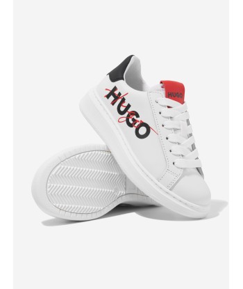 Hugo Boys Leather Logo Trainers in White brillant des détails fins