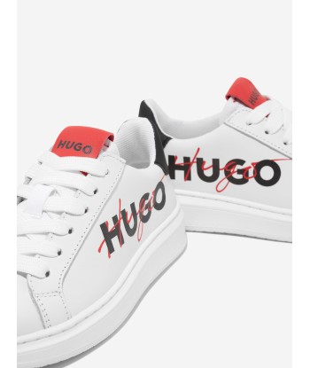 Hugo Boys Leather Logo Trainers in White brillant des détails fins