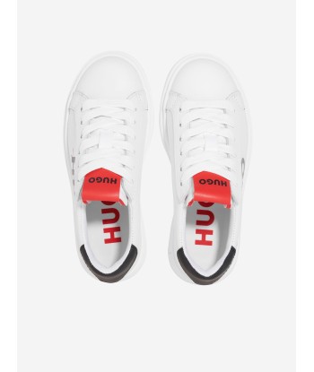 Hugo Boys Leather Logo Trainers in White brillant des détails fins