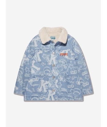 KENZO Boys Faux Shearling And Denim Jacket in Blue brillant des détails fins