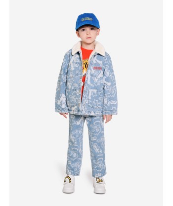 KENZO Boys Faux Shearling And Denim Jacket in Blue brillant des détails fins