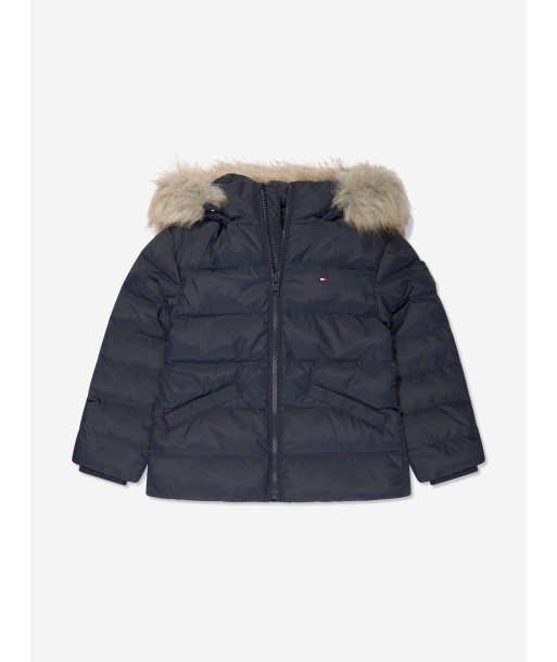 Tommy Hilfiger Girls Essential Down Fur Hood Jacket in Navy Dans la société mordern