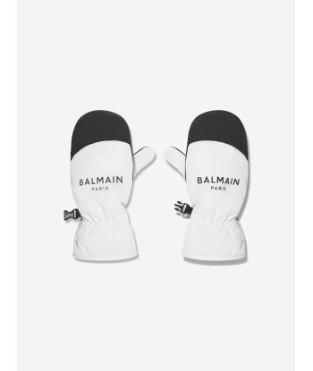 Balmain Kids Logo Ski Mittens in White de pas cher