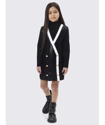 Balmain Girls Woven Button Dress in Black en linge