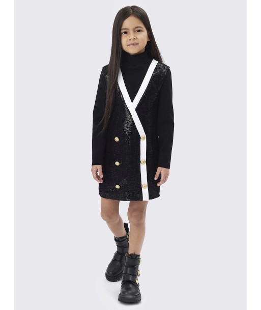 Balmain Girls Woven Button Dress in Black en linge