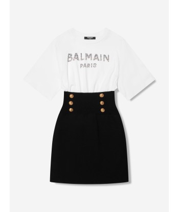 Balmain Girls Buttoned T-Shirt Dress in White du meilleur 