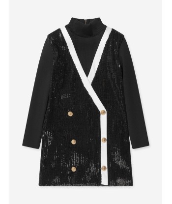 Balmain Girls Woven Button Dress in Black en linge