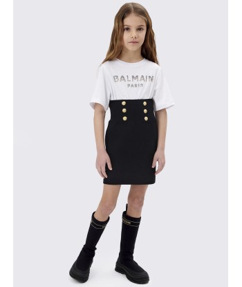 Balmain Girls Buttoned T-Shirt Dress in White du meilleur 