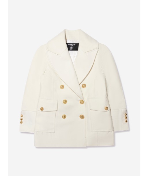 Balmain Girls Long Coat in Ivory pas cher 