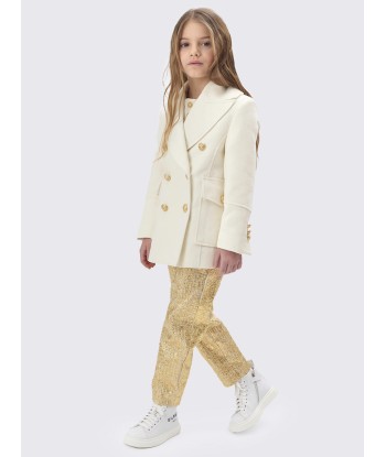 Balmain Girls Long Coat in Ivory pas cher 