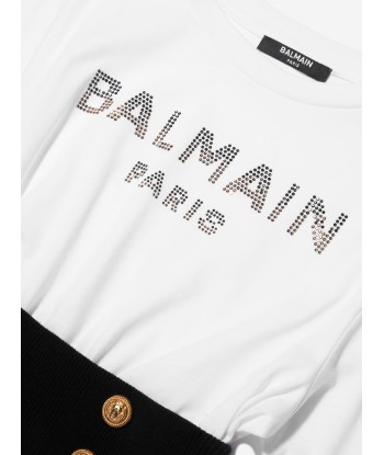 Balmain Girls Buttoned T-Shirt Dress in White du meilleur 