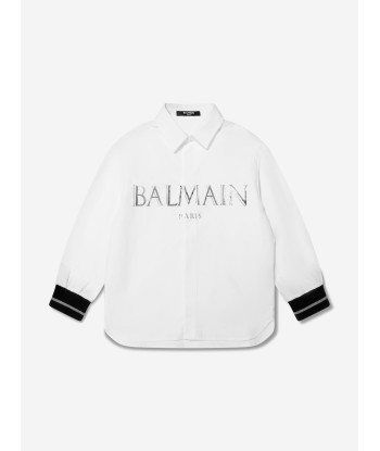 Balmain Boys Logo Print Shirt in White Venez acheter